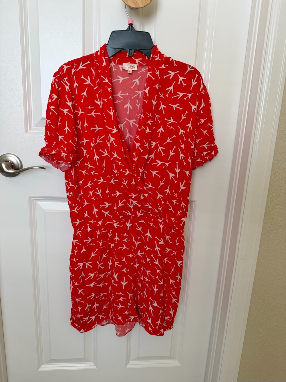 DVF West Airplane Print Red Wrap Romper Size S
